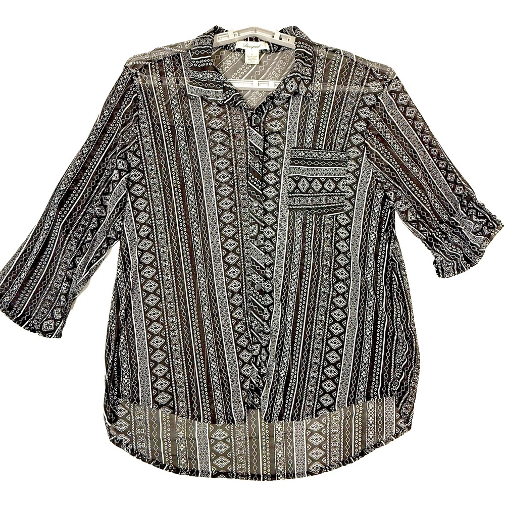 Passport Black White GeoStriped Roll Tab Sleeve Button Up Shirt Women's Size XL